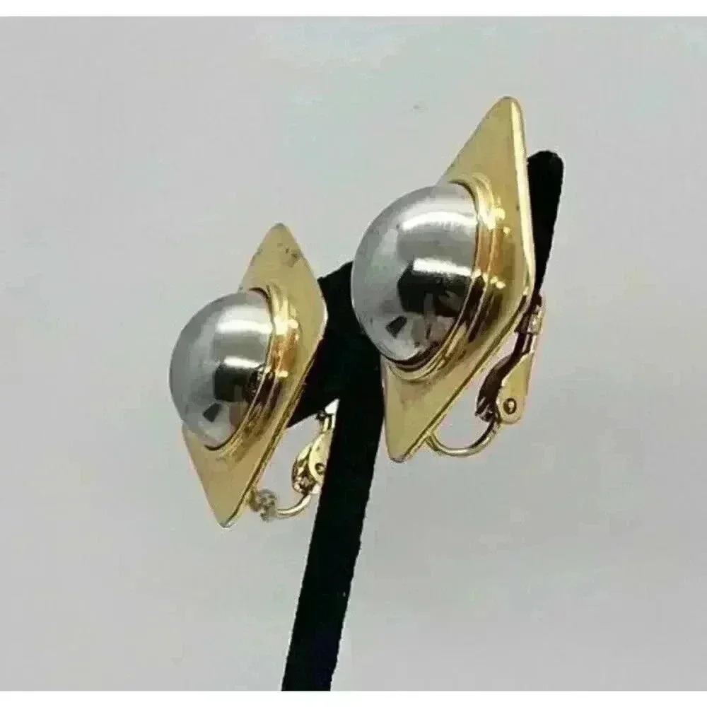 Vintage Clip Earrings Big Gold Square with Silver Cabochon Center REtro 50s Era - Picture 2 of 6